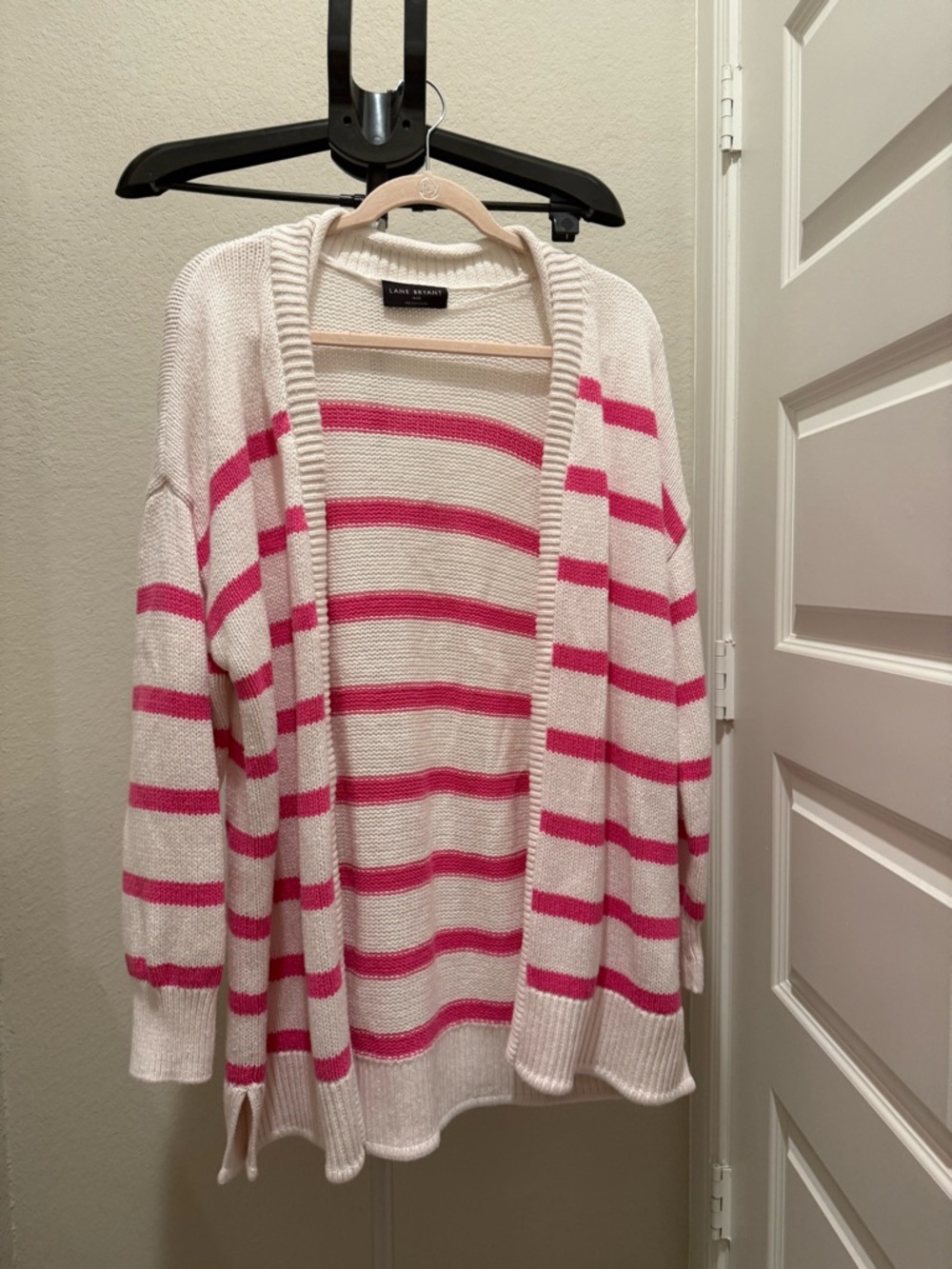 Lane Bryant Cream and Hot Pink Striped Open Cardigan